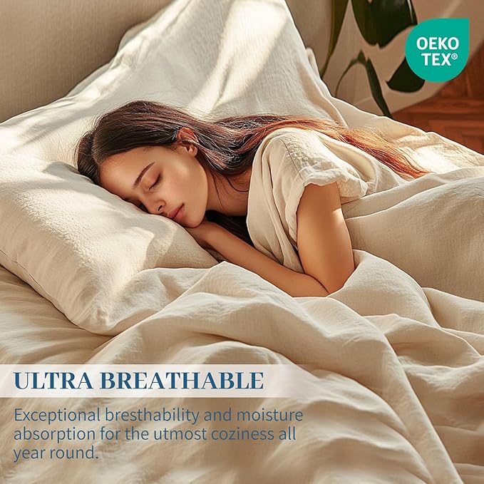 MEISHANG 100% French Pure Linen Sheets Queen Size - Bed Sheets 4 Piece Sets, Soft Durable Flax Linen, Anti-Tear Breathable Oeko-Tex Certified with 16" Deep Pocket (Dusty Blue)