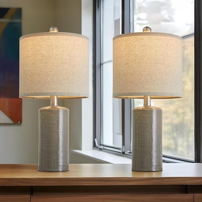 20.25" Small Table Lamps Set of 2 Modern Ceramic Lamps for Living Room Farmhouse Bedside Lamps Boho Lamps for Night Stands Grey Bedroom Lamp Side End Table Lamps