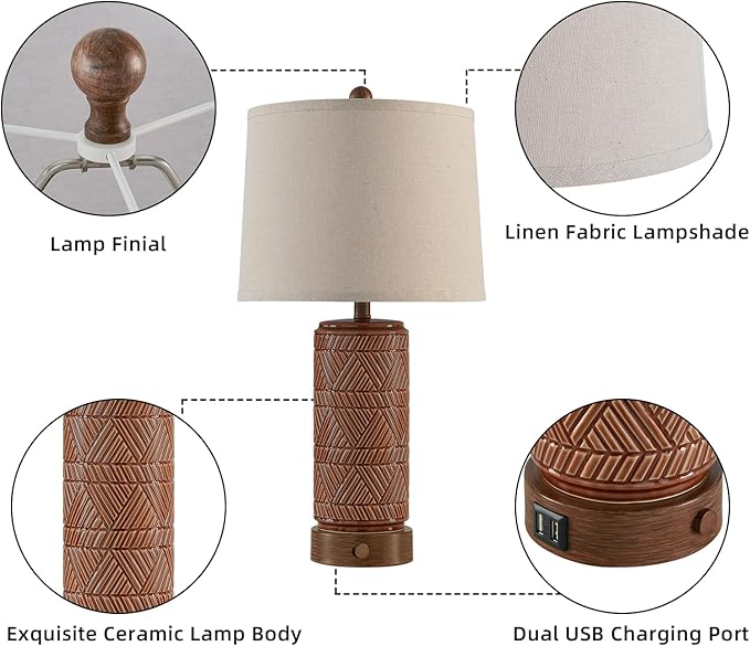 RORIA Set of 2 Vintage Touch Table Lamps for Living Room, 3 Way Dimmable Nightstand Lamp with 2 USB Port, Farmhouse Rustic Boho Ceramic Desk Lamps for Bedroom End Table, Bulbs Included