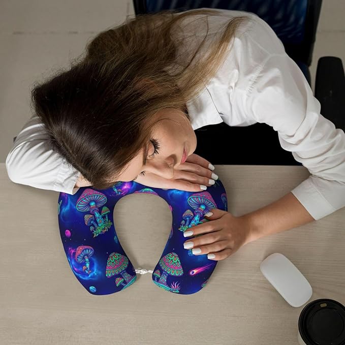 Neck Pillow Memory Foam Chin Cushion with Breathable Cover Trippy Mushrooms, Cute Airplane Car Pillows for Office Head Pain Relief