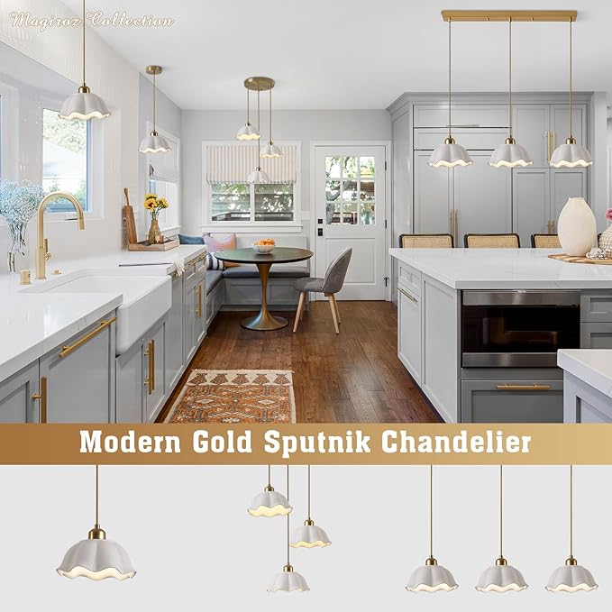 3-Light Pendant Light Modern Industrial Farmhouse Kitchen Island Light Brushed Brass Adjustable Hanging LampFixture White Ceramic Lights Fixture Nordic Glass Hanging Lamp MPL11-3R GD