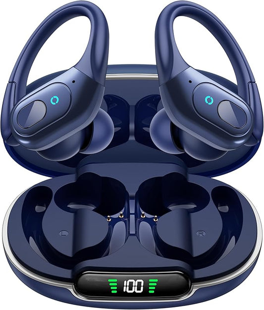 occiam Active Noise Cancelling Earbuds Wireless Bluetooth Headphones Ear Buds 90Hrs Playback Stereo Bass Earphones with Mic Over-Ear Hooks IPX7 Waterproof Headset for Work Sports Running Gym Deep Blue