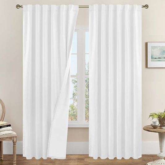 LAMIT 100% Blackout Curtains for Living Room, 95 Inches Linen Textured Thermal Insulated Bedroom Curtains Back Tab and Rod Pocket Farmhouse Panels with White Liner, 2 Panels, 52 x 95 Inch, White