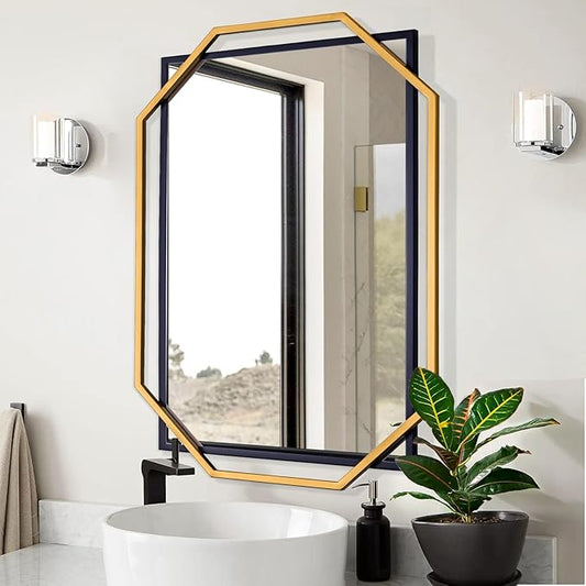 Modern Bathroom Mirror, 36" x 24" Black and Gold Decorative Wall Mirror with Modern Octagonal Metal Frame, for Living Room, Dining Room, Entryway