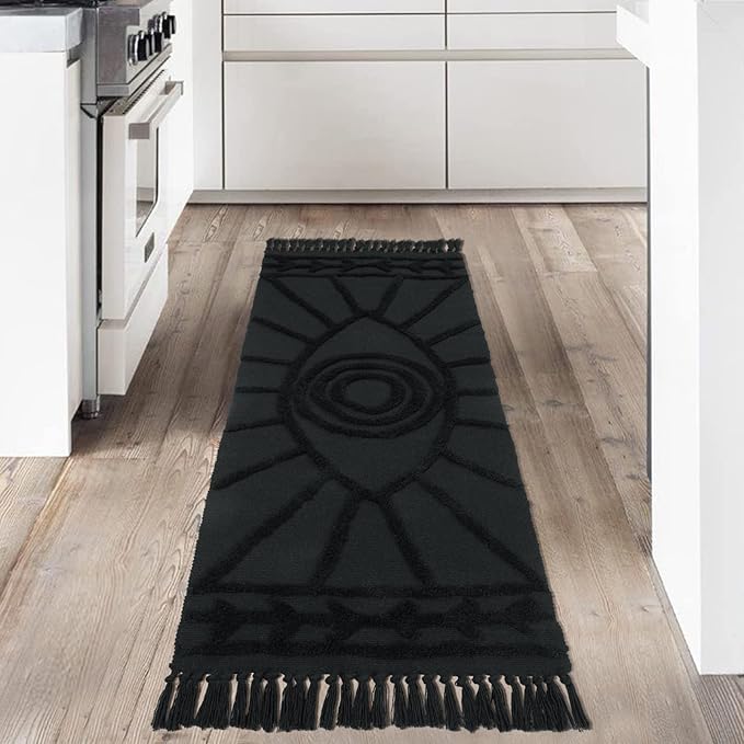 Uphome Boho Runner Rug 2'x5' Washable Evil Eye Tufted Bedroom Rugs with Tassels Soft Cotton Woven Kitchen Rug Modern Minimalist Dark Gray Throw Rugs for Living Room Laundry Room Bathroom