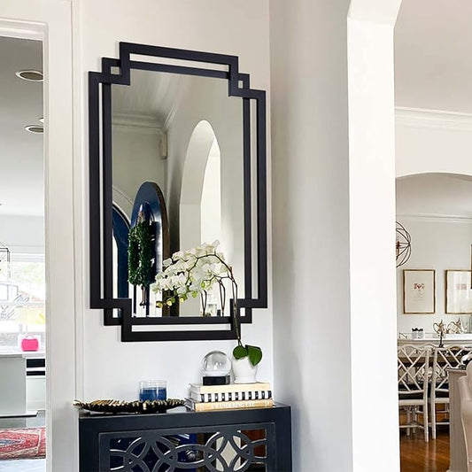 Black Decorative Mirror for Wall Decor, 24" x 36" Large Elegant Living Room Mirror with Irregular and Rectangular Metal Frame, Contemporary Bathroom Mirror Above Sink