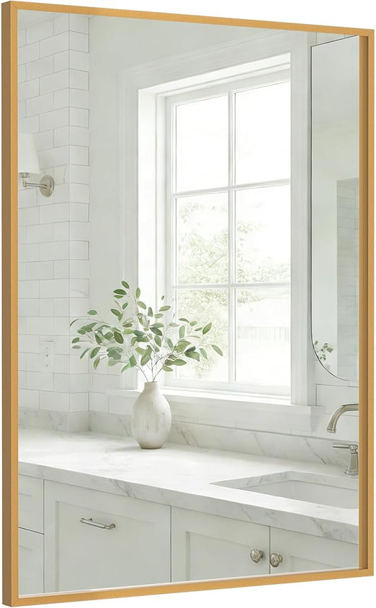 24''x36'' Gold Bathroom Mirror | Antique Brass Deep-Set Recessed Metal Frame | Heavy-Duty Rectangular Wall Mirror | Traditional Mantel & Bedroom Decor
