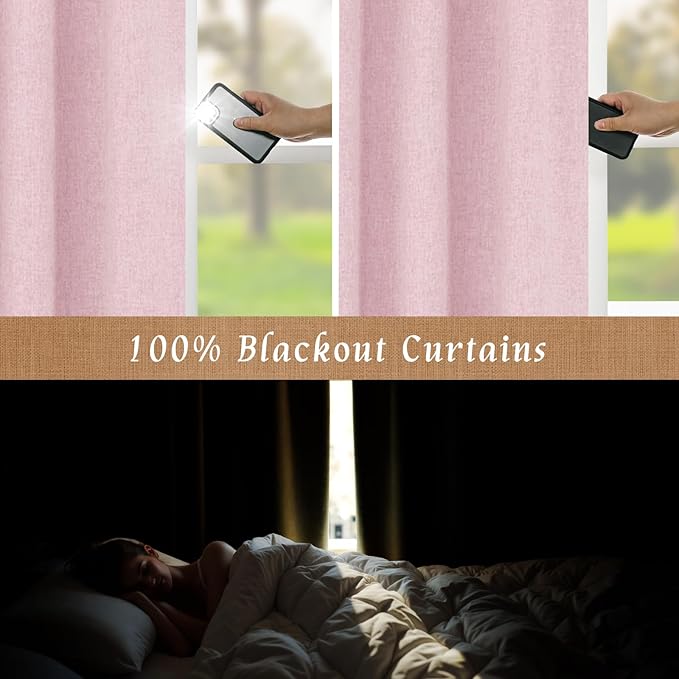 LAMIT 100% Blackout Linen Curtains, 72 Inches Linen Textured Thermal Bedroom Curtains Back Tab and Rod Pocket Neutral Panels with White Liner for Girls' Room, 2 Panels, 52 x 72 Inch, Pink