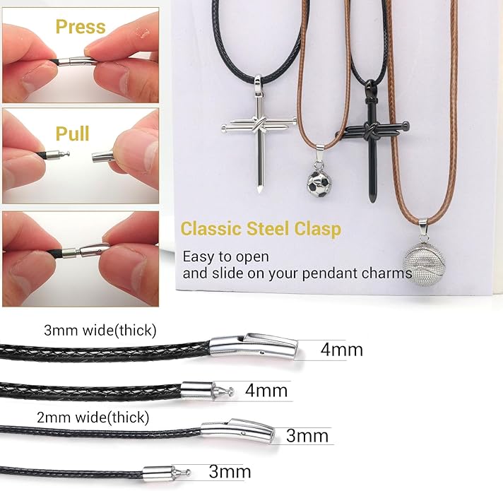 Leather Necklace Cord with Stainless Steel Clasp, Black/Brown Color Waterproof Wax Rope Chain 2mm 3mm Wide Braided Cord String Necklaces for Men Women 16"-30"