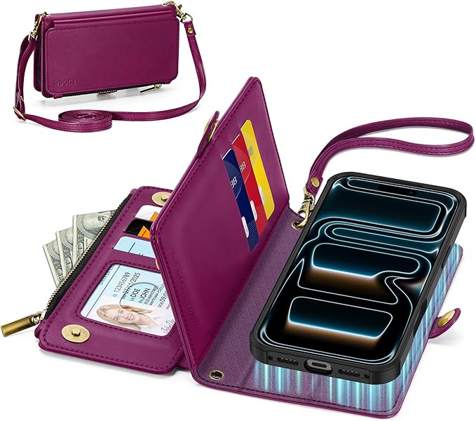 TUCCH Crossbody Detachable Wallet Case for iPhone 17 Pro 6.3" 2025, 9 Card Holders RFID Blocking, Wireless Charging, Stand, Wrist Strap Lanyard, Zipper Pocket, PU Leather Shockproof Cover, Plum Purple