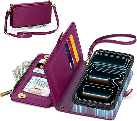 TUCCH Crossbody Detachable Wallet Case for iPhone 17 Pro 6.3" 2025, 9 Card Holders RFID Blocking, Wireless Charging, Stand, Wrist Strap Lanyard, Zipper Pocket, PU Leather Shockproof Cover, Plum Purple