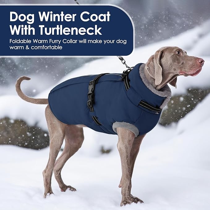 AOFITEE Dog Jacket, Large Dog Coat with Harness Built in, Warm Fleece Lined Pet Winter Jacket with Zipper & Furry Collar, Waterproof Pet Snow Coat Snowsuit for French Bulldog, Blue L
