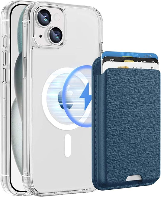 Magnetic for iPhone 14 Plus & iPhone 15 Plus Clear Case (Compatible with MagSafe) with Blue Detachable Wallet & Card Holder for 3 Cards [RFID Blocking] Military Grade Protective Slim Phone Cover