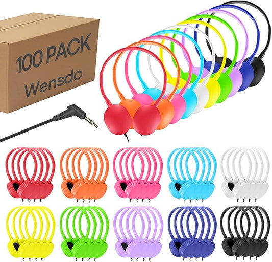 Bulk Headphones 100 Pack Multi Color for School Classroom Kids, Wholesale Class Set Durable Earphones for Students Children Toddler Teens Boys Girls and Adult (HY104,100 Mixed)