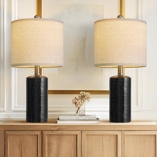 20.5" Small Table Lamps for Living Room Lamp Set of 2 Ceramic Lamps for Bedroom Bedside Lamps Modern Boho Lamps for Night Stands Farmhouse Nightstand Lamp Side End Table Lamp, Black