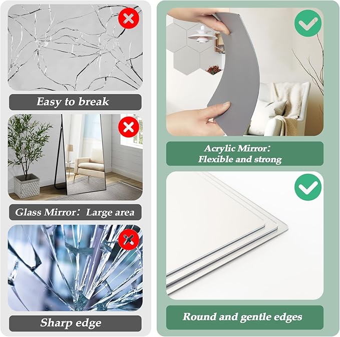 Abyssaly 4 Pack Acrylic Mirror Stickers, 3D Hexagon Flexible Plastic Mirror Tiles for Wall, Frameless Non-Glass Full Length Stick on Espejos Wall Tile Sheets for Bedroom Home Gym Door, 7.87" x 7.87"