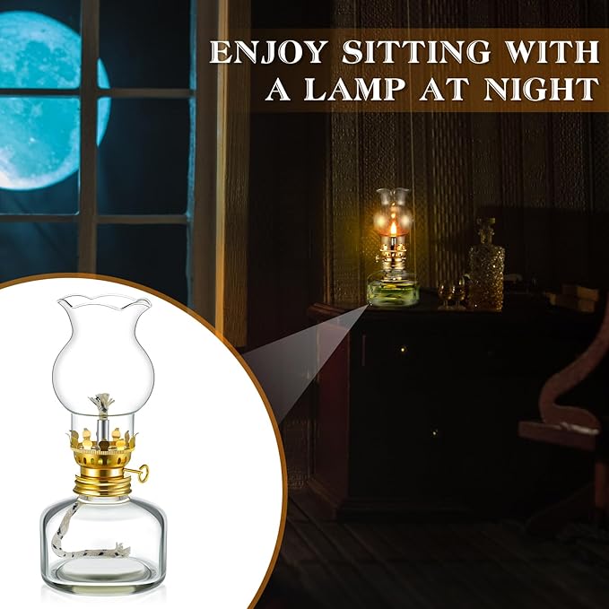 Yexiya Vintage Glass Kerosene Lamp Rustic Oil Lamp Lantern Chamber Oil Clear Kerosene Hurricane with 6.6 ft Extra Wick for Indoor Use Lighting Decor Emergency (6 Set,Modern Style)