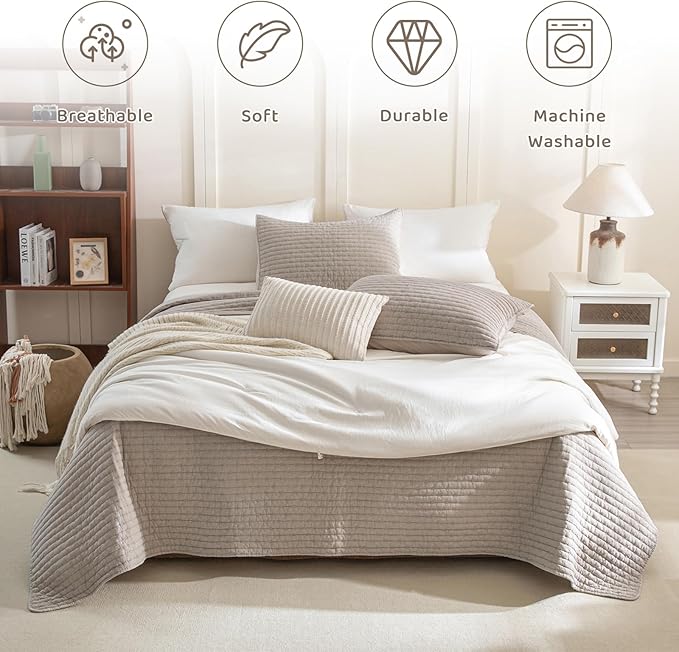 Sanracie Stonewashed Cotton Coverlet Oversized King(102"x118"), Linen Colored Cross Stitch Pattern Quilt Sets 3Pcs Ultra Soft Lightweight Crinkle Bed Coverlet Set for All Season