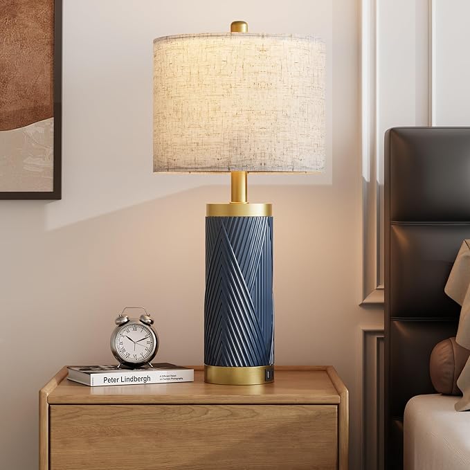 24.5" Modern Ceramic Table Lamp Set of 2 for Living Room, Table Lamps with USB Ports for Bedroom Set of 2， Farmhouse Bedside Nightstand Bedside Lamp End Table Lamps Blue