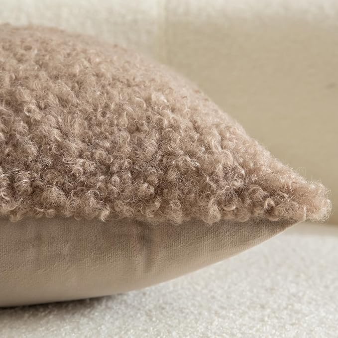 Yaertun Pack of 2 Faux Fur Throw Pillow Covers Decorative Sherpa Boucle Pillow Covers Fuzzy Soft Pillowcases Sheepskin Fleece Cushion Case for Couch Sofa Bed Living Room 12x20 Inch Khaki