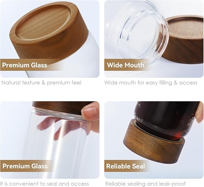 Zoaiirte 6pc 8oz Glass Mason Jars with Acacia Wood Airtight Lids - Food Storage Container Set, Clear Stackable Leakproof Kitchen Canisters for Meal Prep/Snack Organization/Spice Storage