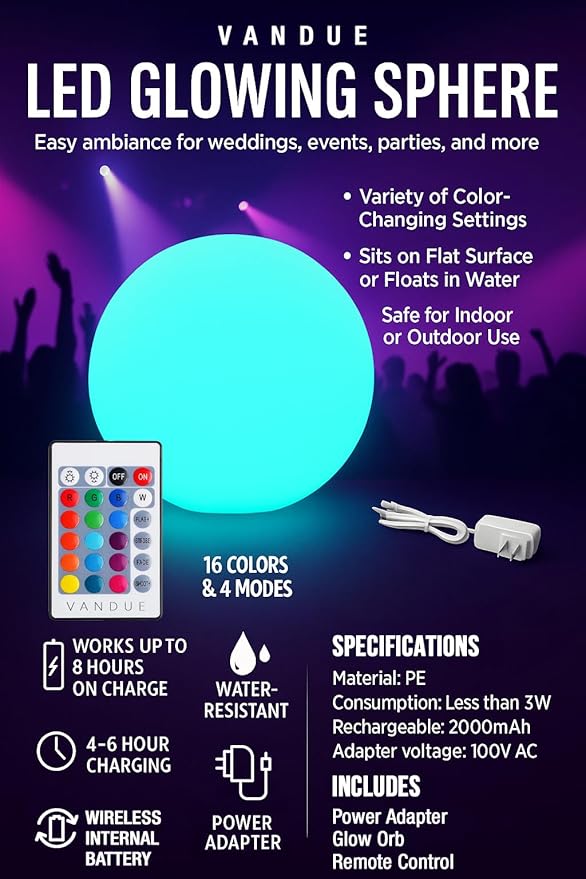 Vandue Color-Changing LED Light Ball – Rechargeable Glow Sphere with Remote – IP65 Waterproof RGB Night Light for Indoor/Outdoor, Pool, Garden, Party & Decor (16 Inch)