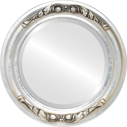 OVALCREST Round Beveled Wall Mirror for Home Decor - Florence Style - Silver Leaf with Brown Antique - 22x22 Outside Dimensions