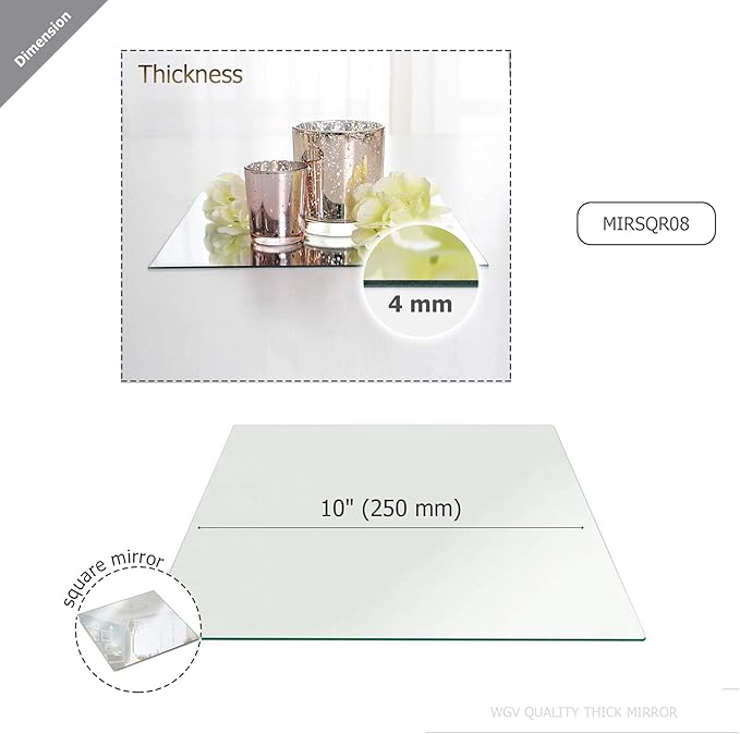 WGVI WGV Square Mirror Plate Sets Bulk 10" Width, 4 mm Thickness, Frameless Sanded Edges, Quality Thick Candle Tray, Home Event Party Wedding Table Centerpiece Wall Decor, 12 Pieces