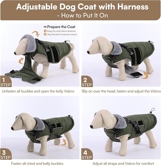 Queenmore Small Winter Dog Coat with Harness Built-in, Waterproof Winter Jackets for Small Dogs, Puppy Warm Puffer Jacket for Snow Weather - Fleece Reflective Easy On Hook & Loop Closure, Green S