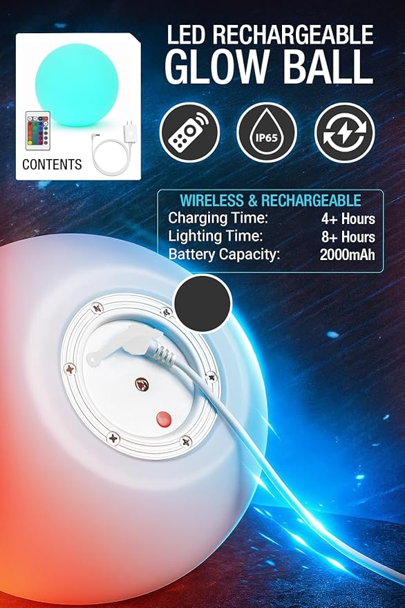 Vandue Color-Changing LED Light Ball – Rechargeable Glow Sphere with Remote – IP65 Waterproof RGB Night Light for Indoor/Outdoor, Pool, Garden, Party & Decor (20 Inch)