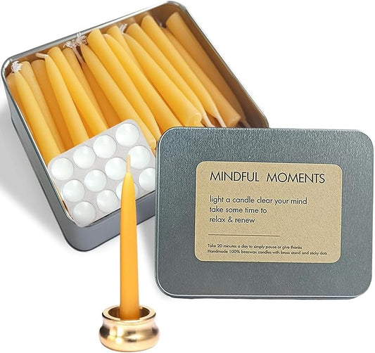 Meditation Beeswax Taper Candles Set, 20 Minute Pure Beeswax Mini Prayer Candles, 30 pcs Small Wishing Candle with Brass Candle Holders for Home Yoga