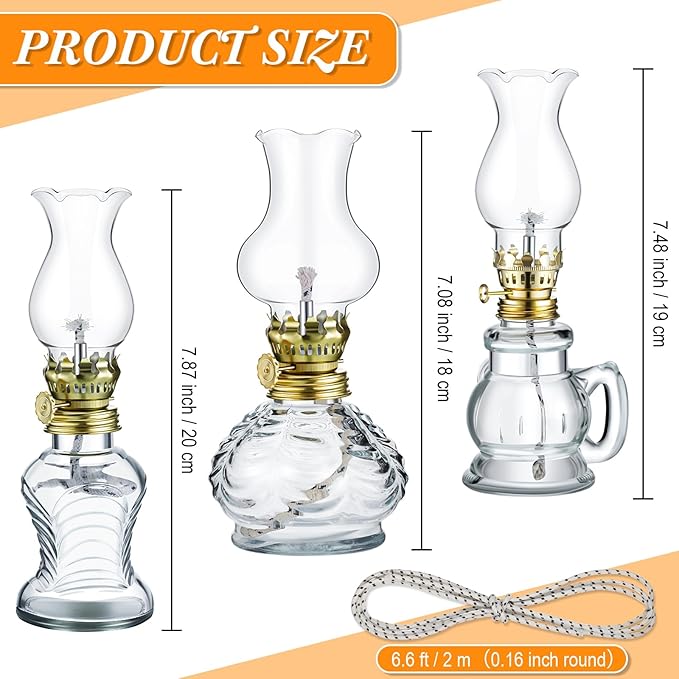 Yexiya 6 Pcs Chamber Oil Lamps Oil Lamp Vintage Glass Kerosene Lamp Bulk with Adjustable Fire Wick Rustic Clear Hurricane with 6.6 ft Extra Wick for Indoor Use Home Decor 8 Inch (Simple)