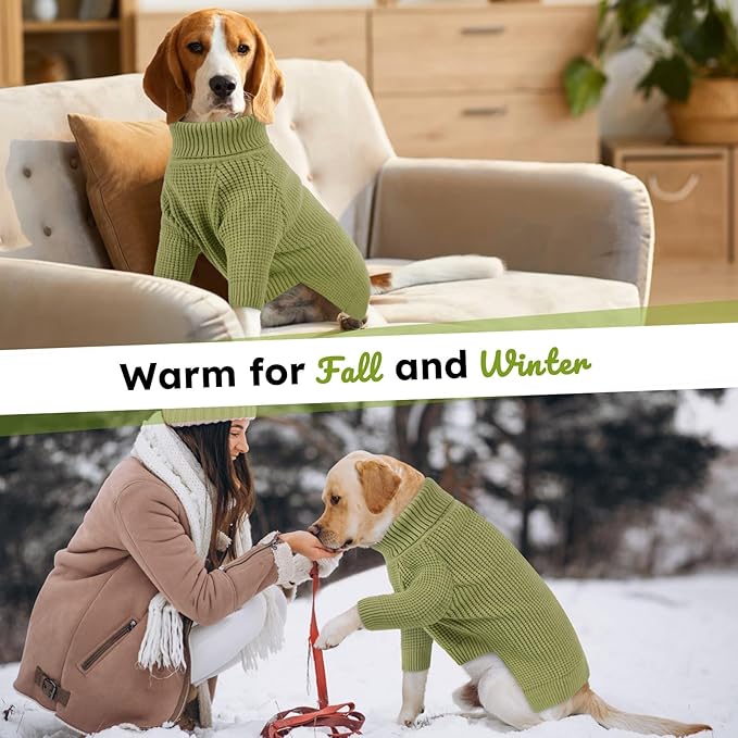 Queenmore Turtleneck Long Sleeve Knitted Sweater with Check Pattern, Fall Winter Warm Sweaters for Small to 3XL Dogs & Cats, Green