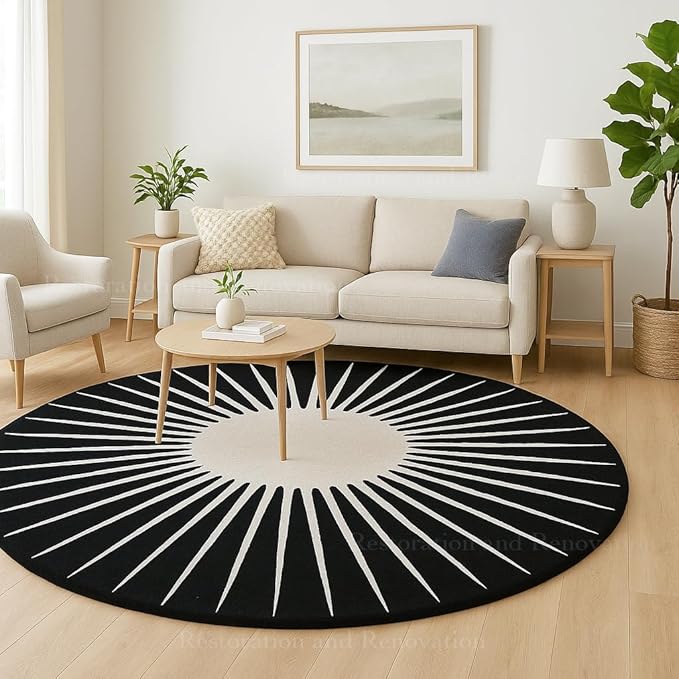 Modern Round Area Rug – Hand-Tufted with 100% NZ Wool, Thick & Soft Circular Carpet for Living Room, Bedroom & Dining Room Decor (Black, 5' Round)