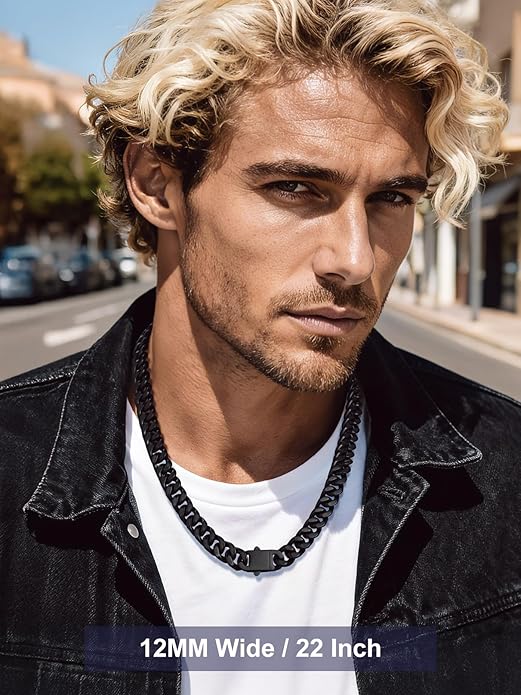 Bandmax Mens Stainless Steel Chain Necklaces 5/7/9/12MM Chunky Miami Cuban Link Chain Necklace Bracelet Silver/Gold Plated/Black Chains for Men 18"-30"