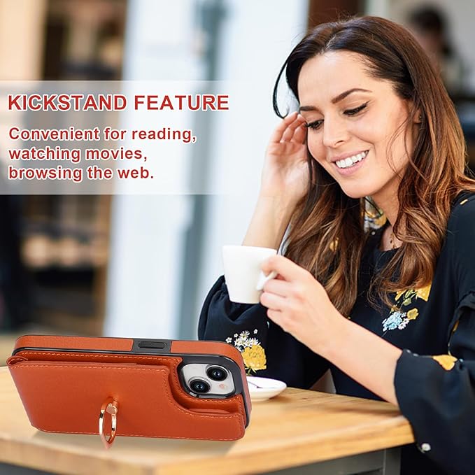 Folosu Compatible with iPhone 15 Case Wallet with Card Holder, 360°Rotation Finger Ring Holder Kickstand, RFID Blocking Leather Protective Double Buttons Shockproof Cover 6.1 Inch Brown