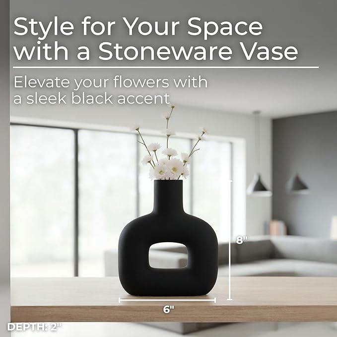 Sagebrook Home Modern Stoneware Vase - Matte Dolomite Decorative Accent for Home, Office & Living Room - Contemporary Minimalist Design - 8" Black