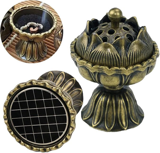 1PCS Lotus Incense Holder, Vintage Cone Incense Burner with Lid and Grid, Elegant Desktop Ash Catcher for Home, Office, Yoga, Meditation, Spa, Teahouse Decor