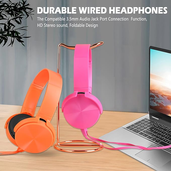 Kids Headphones 2 Pack for School Classroom, Wired Durable Earphones Class Set for Students Children Toddler Teens Boys Girls and Adult (HY450, Orange+Pink)
