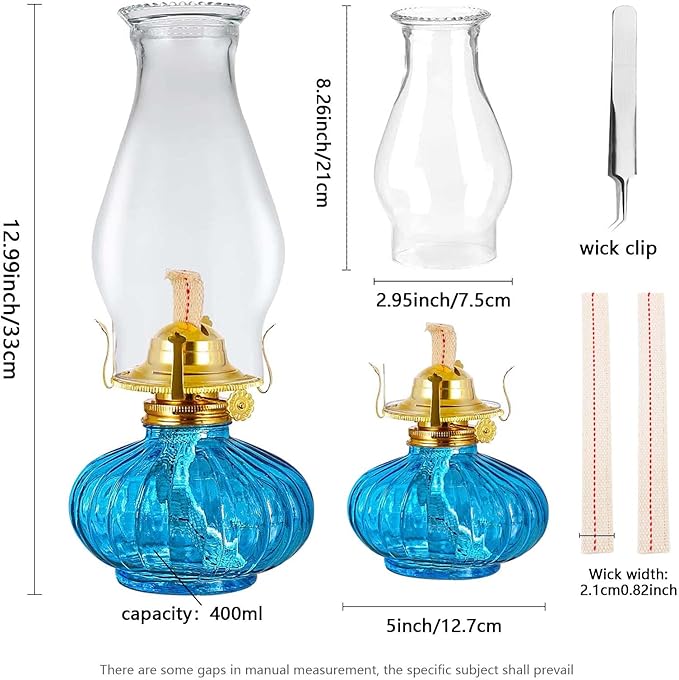 Large Oil Lamp for Indoor Use,Rustic Kerosene Lamp with 2 Pcs Wicks and 1 Tweezers,Glass Hurricane Lantern for Home Emergency Lighting (Blue)