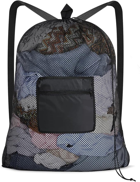 OTraki Mesh Laundry Bags 36 x 28 Inch Extra Large Drawstring Laundry Mesh Wash Bag with Shoulder Straps Heavy Duty Dirty Clothes Travel Laundry Backpack for Home College Dorm Apartment Black