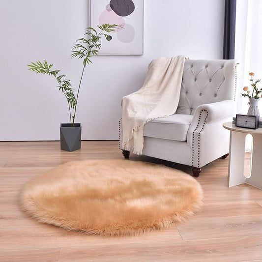duduta Beige Faux Sheepskin Round Rug 4x4 ft, Fluffy Shag Fur Bedroom Nursery Kids Playroom Rug Dorm Decor Non Slip Washable
