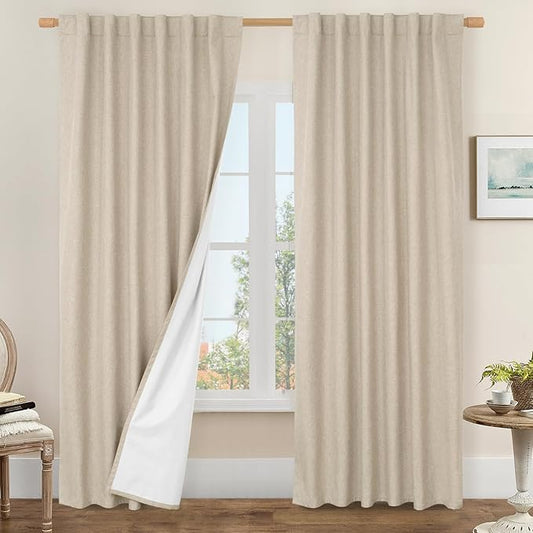 LAMIT 100% Blackout Linen Curtains, 84 Inch Linen Textured Living Room Farmhouse Curtains Room Darkening Back Tab and Rod Pocket Burlap Neutral Panels with White Liner, 2 Panels, 52 x 84 Inch
