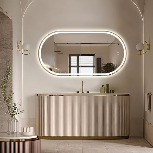 Niccy Oval LED Mirror for Bathroom, 55x28 Front Lit + Backlit Vanity Mirrors with Light Anti-Fog, Shatter-Proof, 3 Colors, Makeup Mirror with Old Gold Frame (Horizontal/Vertical)