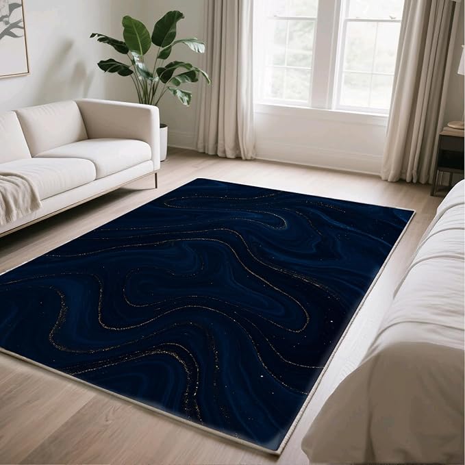 Luxury Marble Rug - 5x8 Area Rug, Navy Blue Marble Rugs, Modern Abstract Outdoor Rugs, Washable & Non Slip Carpet Home Decor