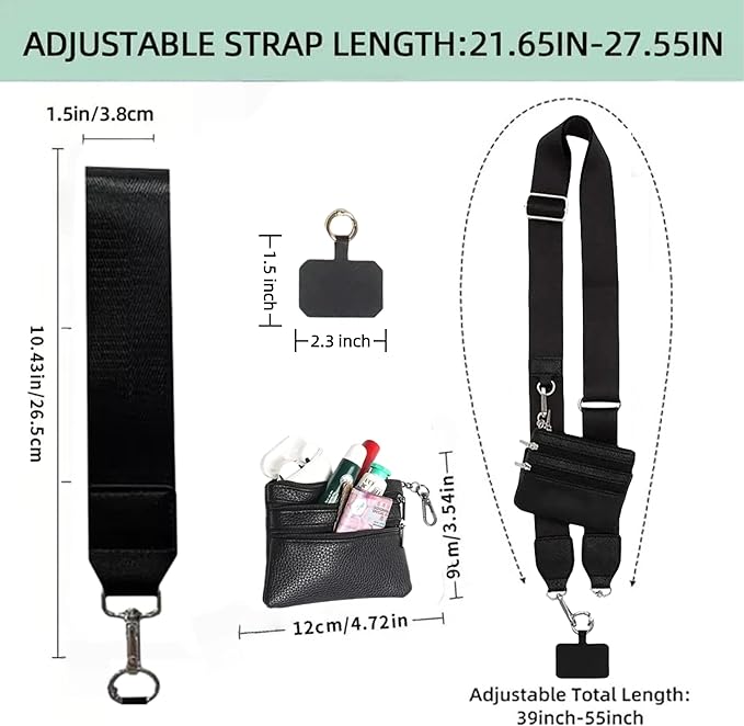 Crossbody Body Phone Holder for Women, New Phone Strap with Zippered Pouch, Adjustable Crossbody Strap (Black+White+Green+Leopard)