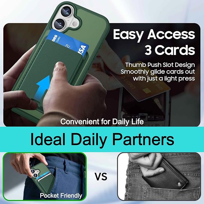 Ntwinro Magnetic for iPhone 16 Case (Compatible with MagSafe) with Detachable Wallet & Card Holder for 3 Cards [RFID Blocking] Military Grade Protective Slim Phone Cover, Green