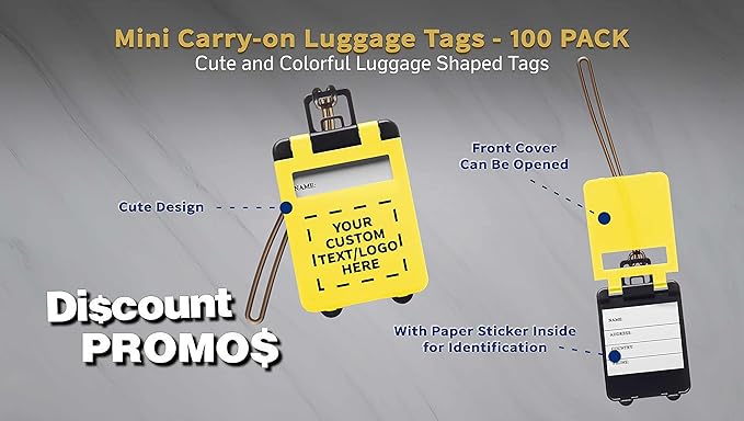 100 Mini Carry-on Luggage Tags Pack - Customizable Text, Logo - Flip Open Cover, ID Sticker - Yellow