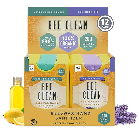Organic Beeswax Hand Sanitizer Spray - 12-Pack (6 Lavender + 6 Citrus Peppermint), Travel Size Mist Spray with Organic Ethyl Alcohol, Moisturizing with Essential Oils, Non-Toxic, Made in USA