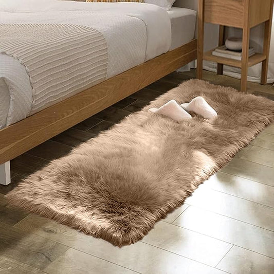 Beige Faux Fuzzy Area Rugs for Bedroom Machine Washable Sheepskin 2x6 Fluffy Fur Rugs for Living Room Runner Rugs for Hallway Nursery Furry Rug Home Décor